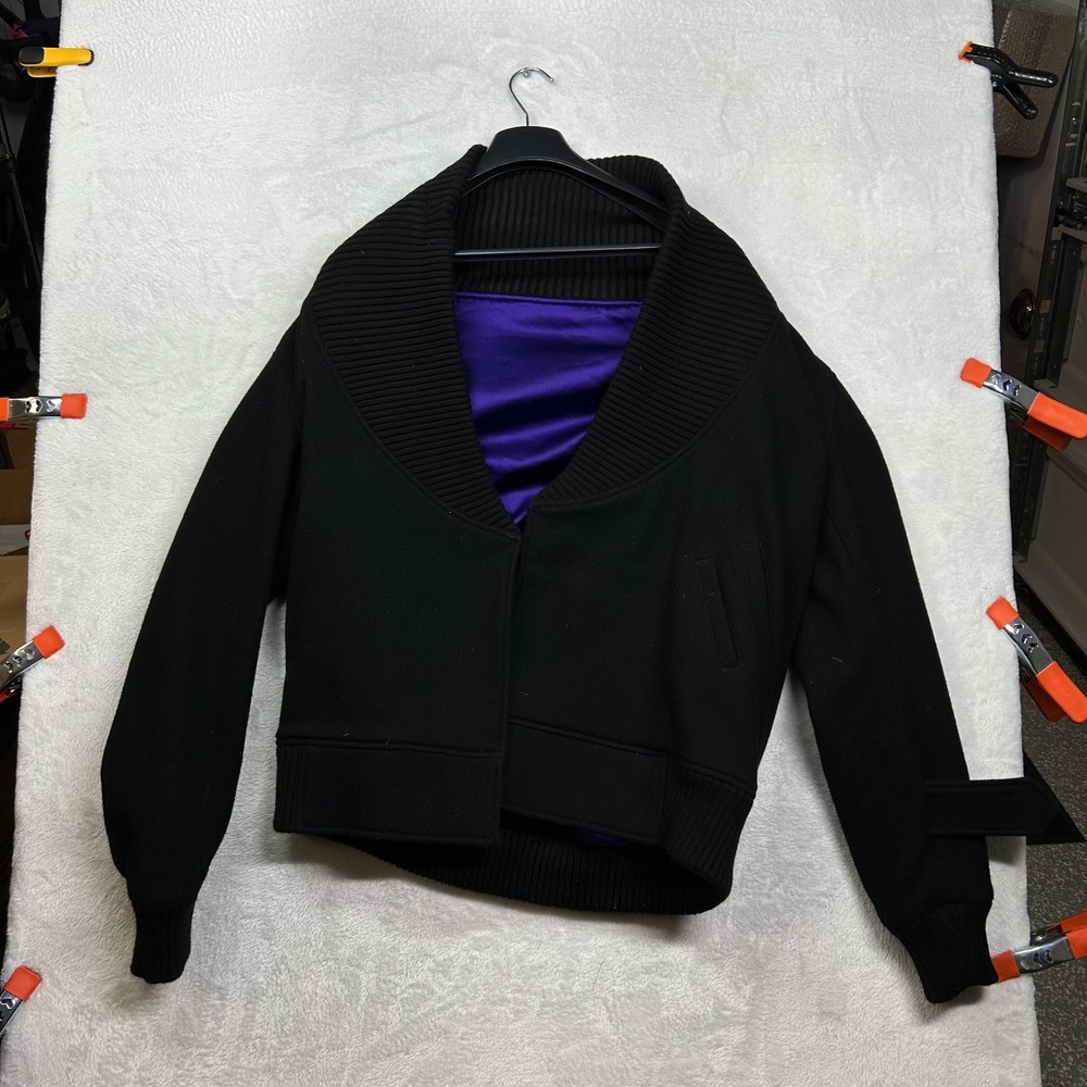 Vintage Cropped Wool Bomber‎ Jacket Women's Black Shawl Neck Open Front Blouson